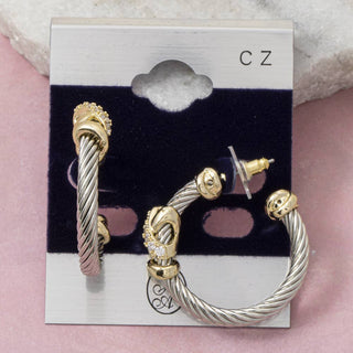 Mixed-Metal Cable Twist Hoop Earrings with CZ Accents