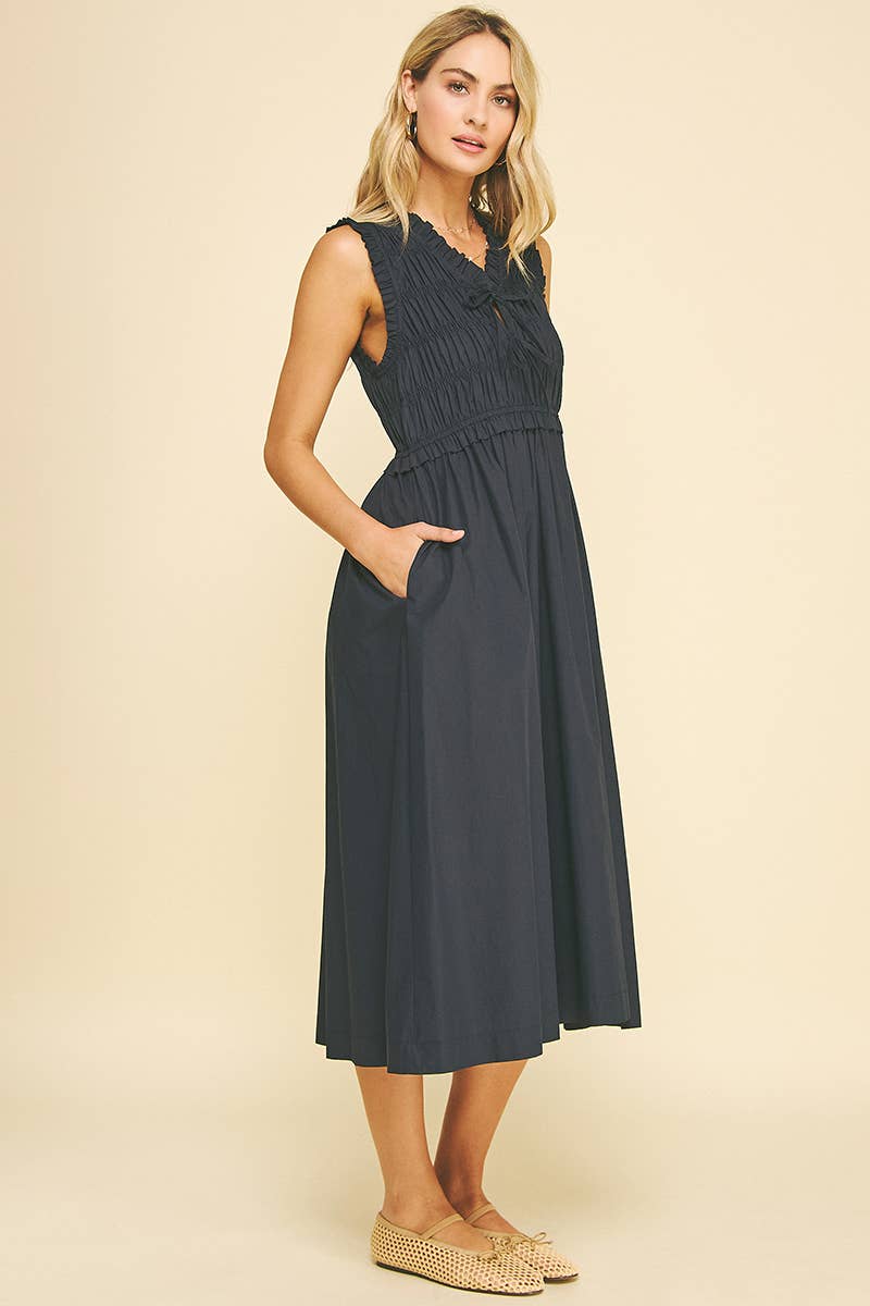 Front-Tie Detailed Smocking Midi Dress