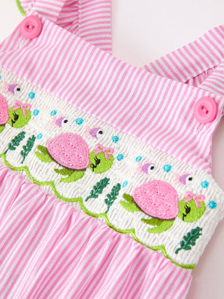 Turtle Smocked Pink Stripe Ruffle Romper