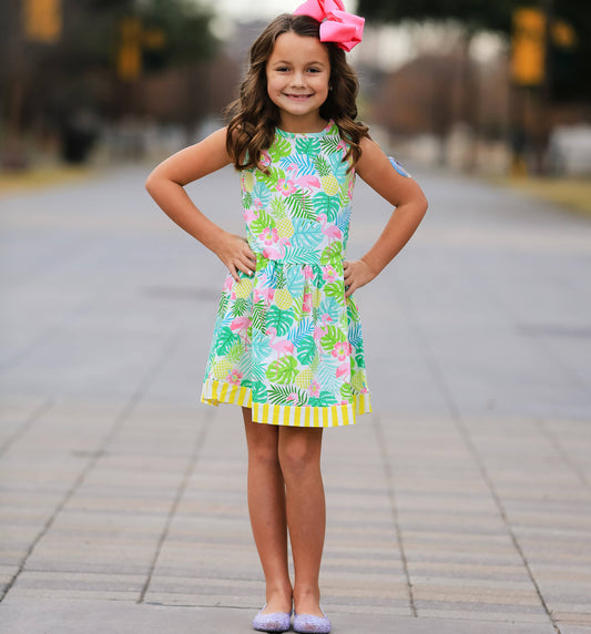 Girls Spring Pink Flamingo & PalmsTropical Dress sz 2/3T