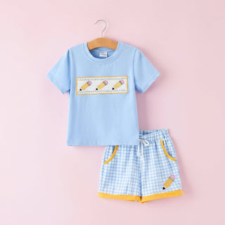 Back to School Pencil Boys Set Applique Plaid Shorts