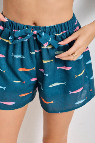 Fish Print Drawstring Shorts with Elastic Waistband