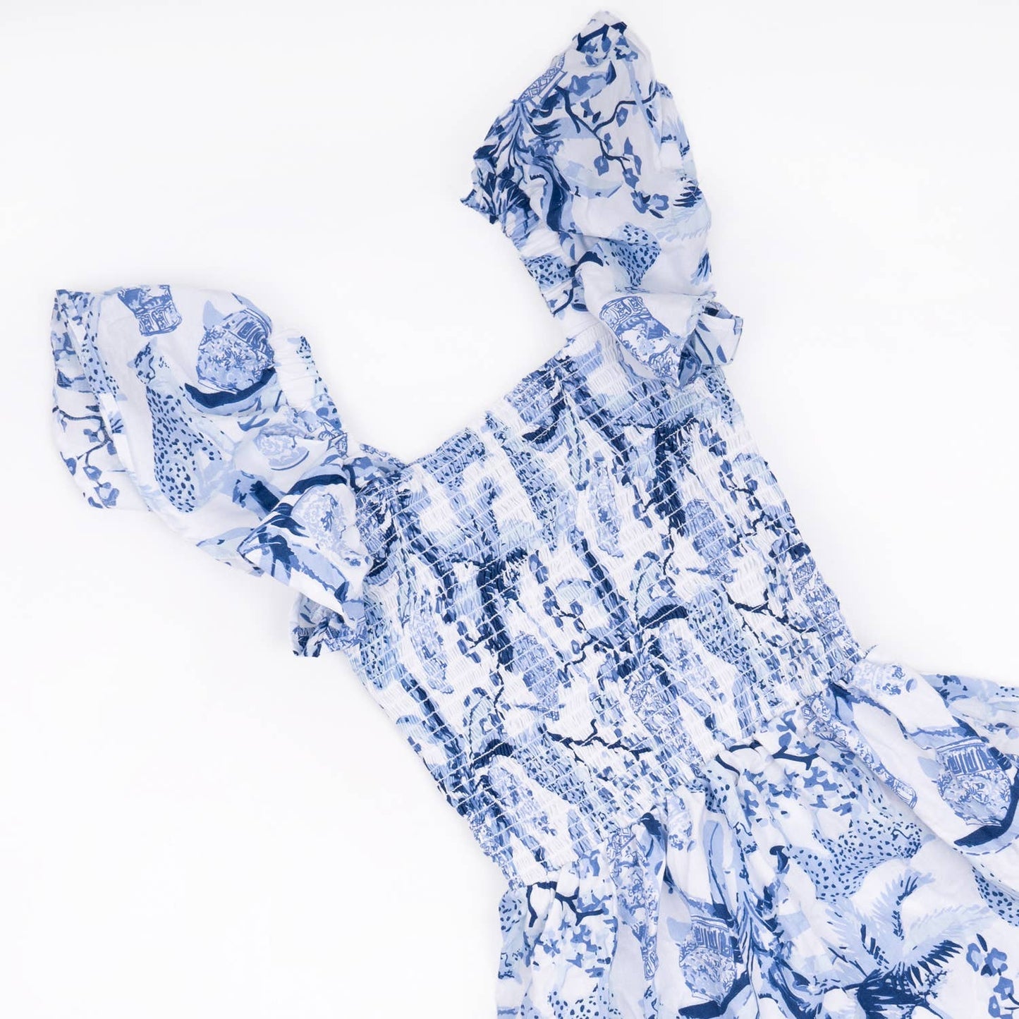 Blue Leopard Palms Smocked Flutter Sleeve Dress