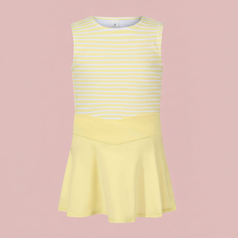 Yellow and white striped sleeveless dress on a pink background