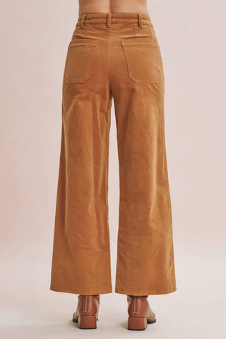 High Rise Wide Leg Stretch Corduroy Patch Pants