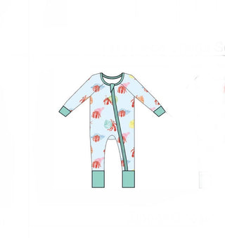 Children's onesie with colorful sea creature pattern on a white background