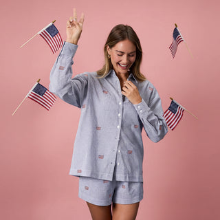 Stripe Flag Embro Oversized Button Down Shirt