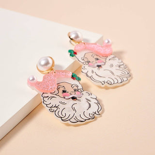 Pearl Pink Santa Face Drop Earrings | Acrylic Christmas Dangles