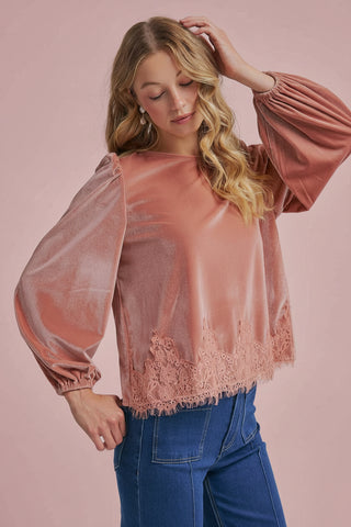 Women's Romantic Holiday Velvet Blouse Top with Eyelash Lace Hem