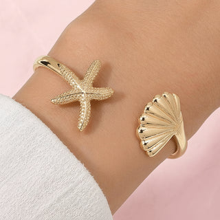 Stainless Steel Starfish & Shell Open Cuff Bracelet