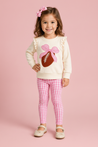 Girls Pink Bow Football Sweatshirt & Gingham Legging Set