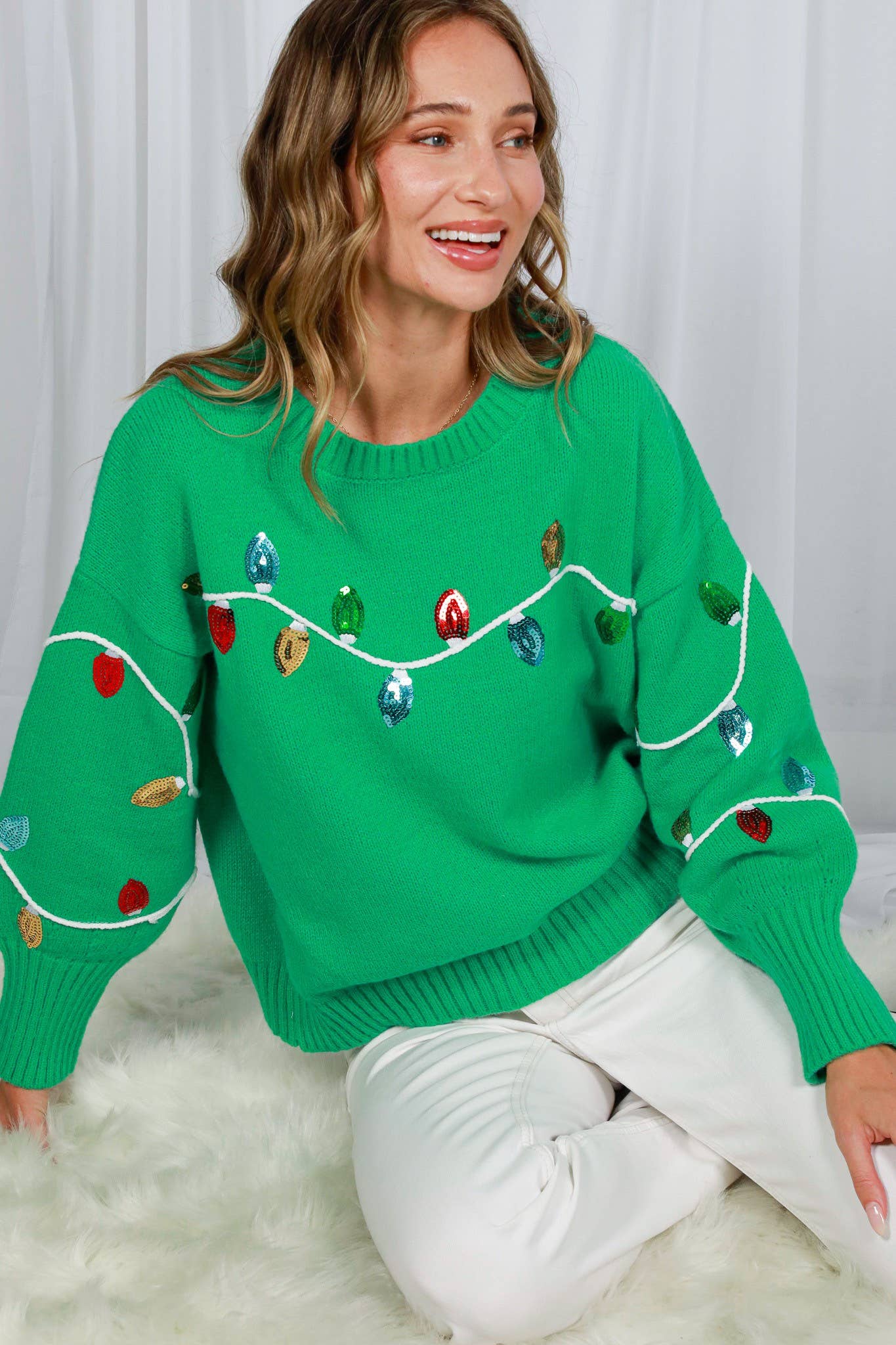 Christmas Light Sequin Crew Neck Knitted Sweater