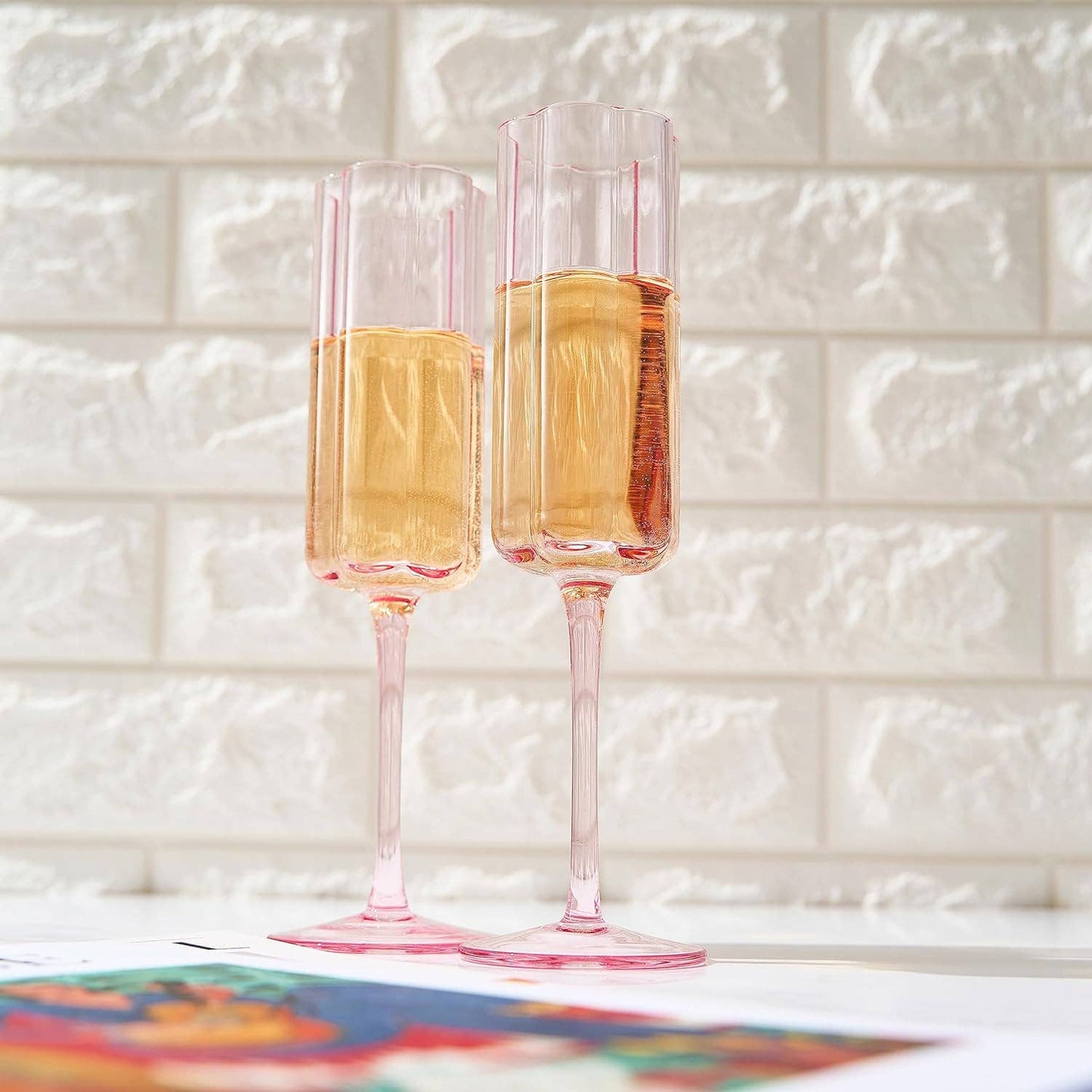 Set of 2 Flower Vintage Champagne Flute Glassware - 7.4 oz
