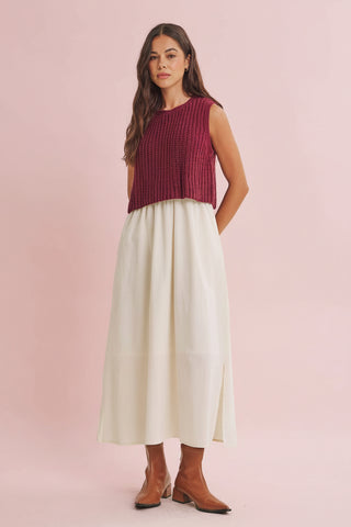 Women's Mixed Media Chunky Knit Sleeveless Twofer Midi Dress