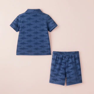 Boys Navy Shark Reverse Jacquard Buttondown Set
