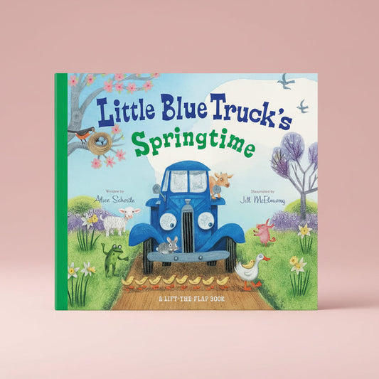 Book cover of 'Little Blue Truck's Springtime' with a blue truck, animals, and spring elements.