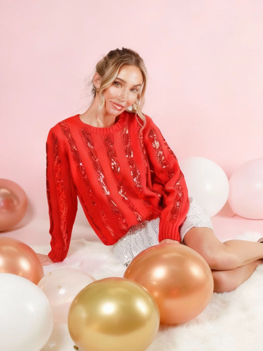 Cable Sequin Detail Crew Neck Knitted Sweater Top