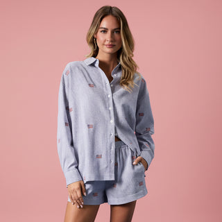 Stripe Flag Embro Oversized Button Down Shirt