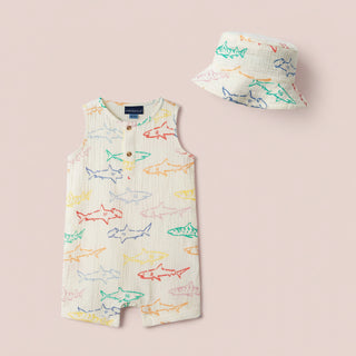 Baby Sleeveless Shark Henley Romper & Bucket Hat Set