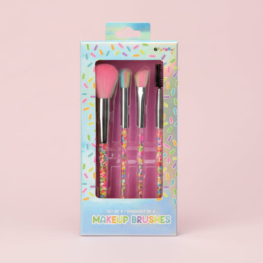 Set of 4 makeup brushes in a colorful packaging with sprinkles.