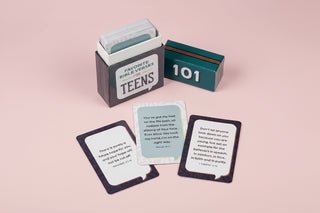 Cards for teens with question cards and a box on a pink background
