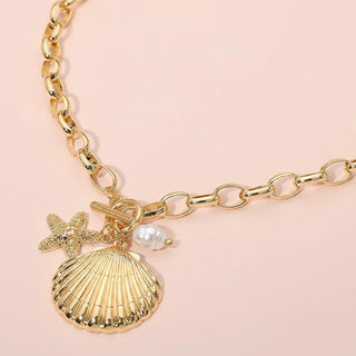 Coastal Charm Gold Starfish & Seashell Toggle Statement Necklace