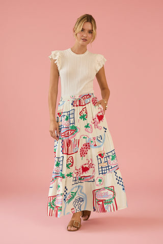 Printed Tiered Midi Skirt with Elastic Waist & Flowing Silhouette