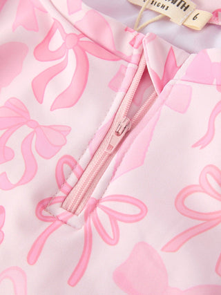 Girls’ Pink Ribbon Bow Long-Sleeve Rashguard Set