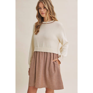 Mixed Media Long Sleeve Twofer Mini Dress