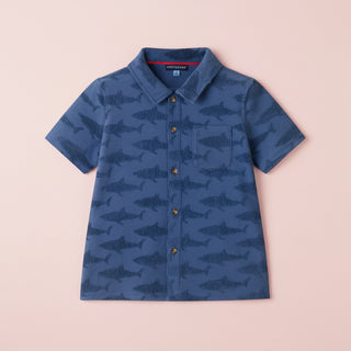Boys Navy Shark Reverse Jacquard Buttondown Set