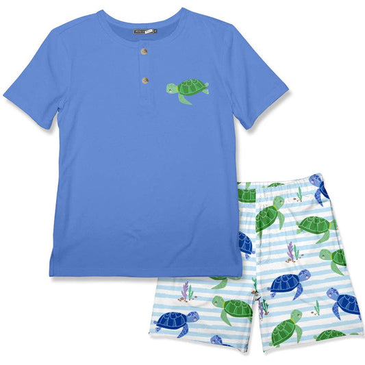 Boys Marina Blue Henley & Swimming Turtle Pocket Shorts