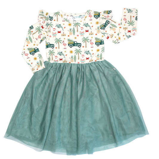 Coastal Christmas Flutter Long Sleeve Tulle Twirl Dress