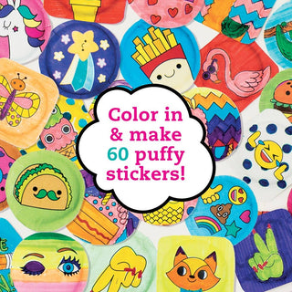 Colorful puffy stickers with various designs and a text bubble indicating 60 stickers.