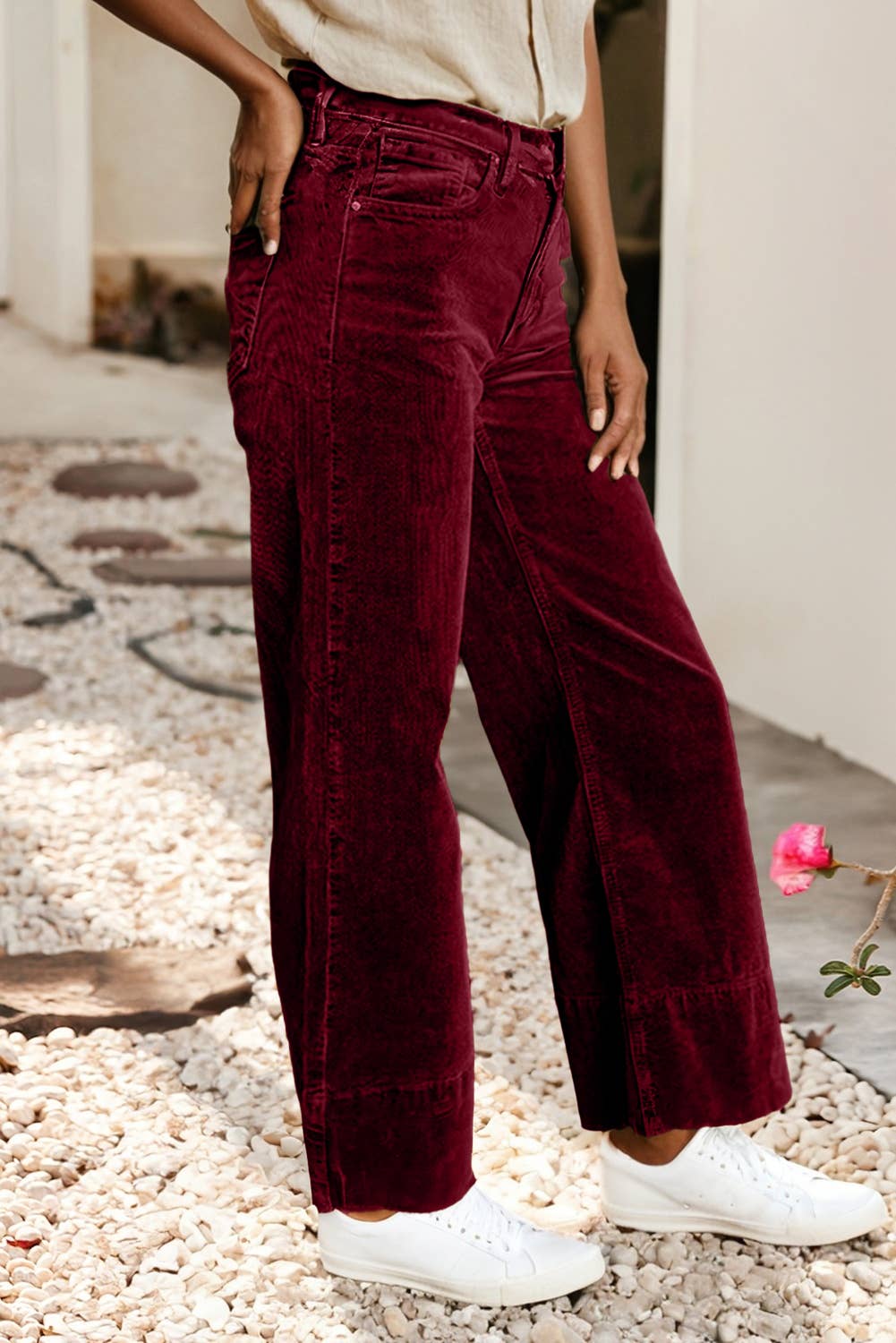 High Waist Corduroy Wide Leg Pants – Burgundy