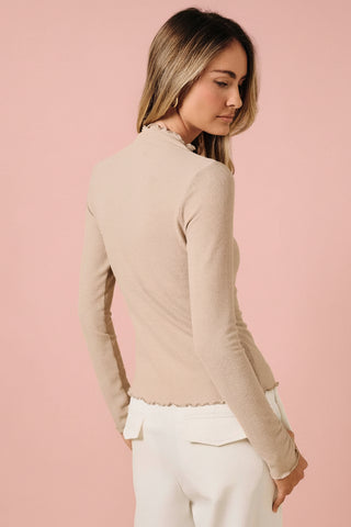 Ribbed Mock Neck Lettuce-Edge Long Sleeve Top
