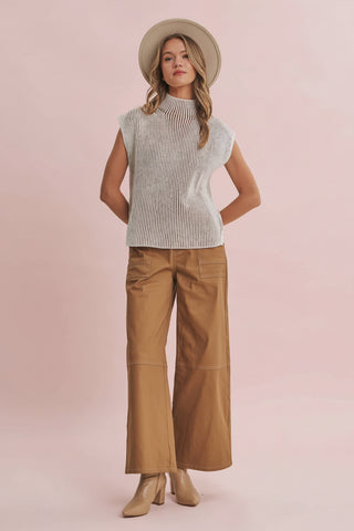 Women's Wide Leg Stretch Cotton Twill Utility Pants with Contrast Stitching
