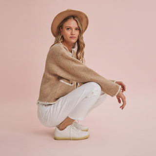 Open Front Whipstitch Brushed Wool Blend Sweater Jacket