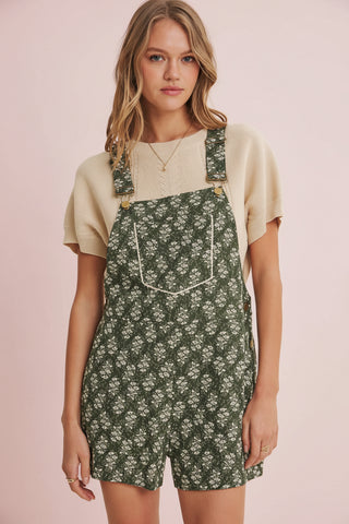 Women's Floral Print Overall Short Romper with Lace Trim