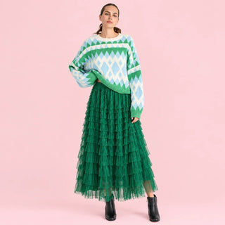 Tiered Ruffle Mesh Maxi Skirt