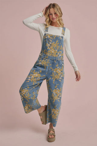 Women's Floral Print Denim Overall Jumpsuit with Barrel Leg