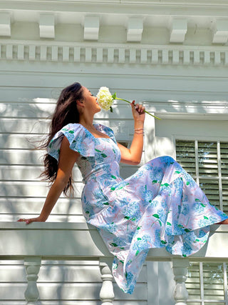 Hydrangea Ribbons Smocked Flutter Sleeve Dress