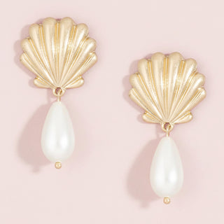 Scallop Shell Teardrop Pearl Drop Earrings