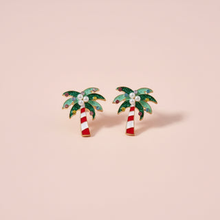 Christmas Candy Cane Palm Tree Enamel Stud Earrings
