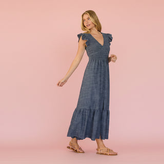 Smocked Maxi Dress with Flutter Sleeve and Button-Down Skirt