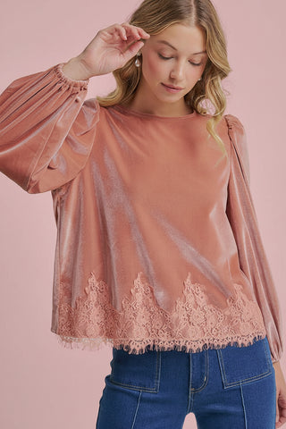 Women's Romantic Holiday Velvet Blouse Top with Eyelash Lace Hem