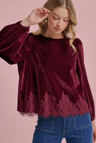 Women's Romantic Holiday Velvet Blouse Top with Eyelash Lace Hem