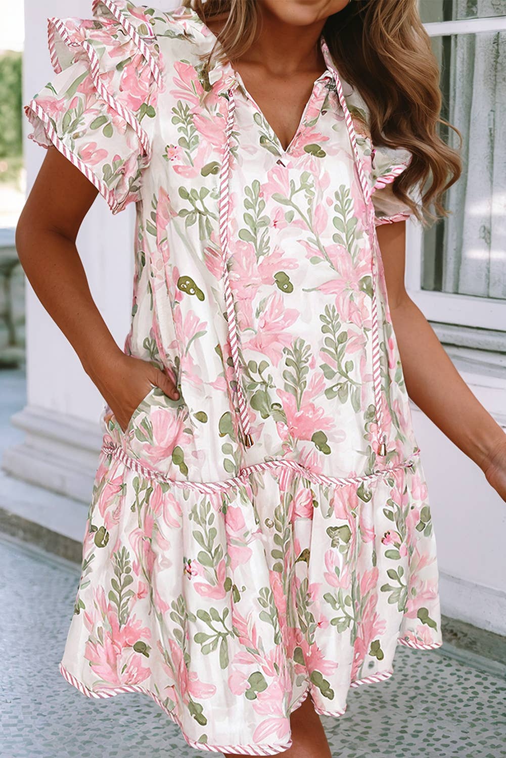 Floral Contrast Edge Layered Short Sleeve Mini Dress