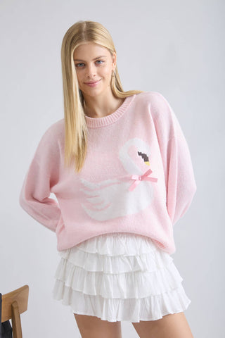 Pink Swan Bow Detail Crew Neck Knit Sweater