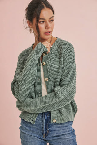 Women's Mineral-Washed Waffle Cotton Knit Cardigan Sweater