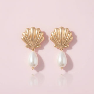 Scallop Shell Teardrop Pearl Drop Earrings
